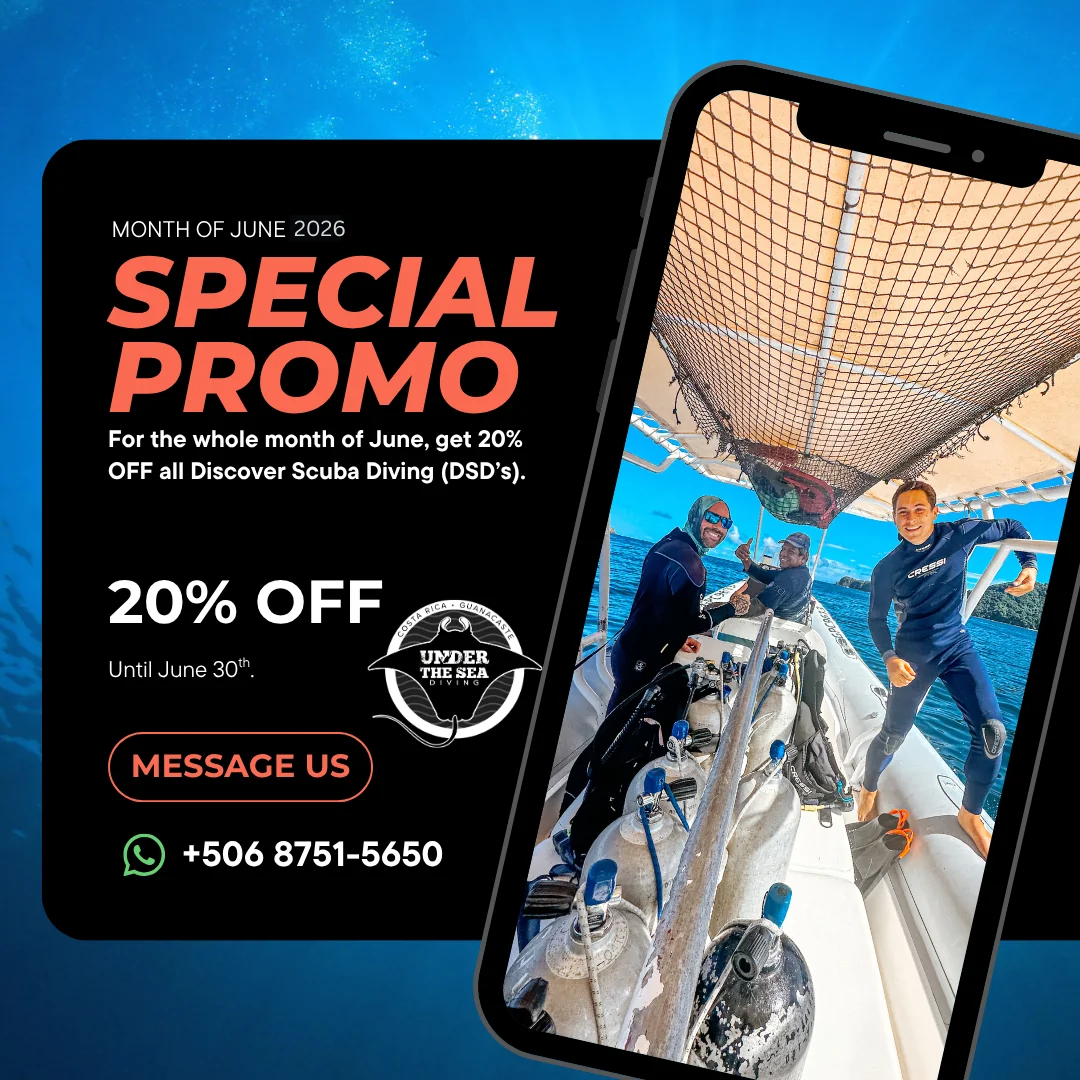 June 2026 promo flyer offering 20% off Discover Scuba Diving with Under The Sea Diving in Costa Rica, valid until June 30