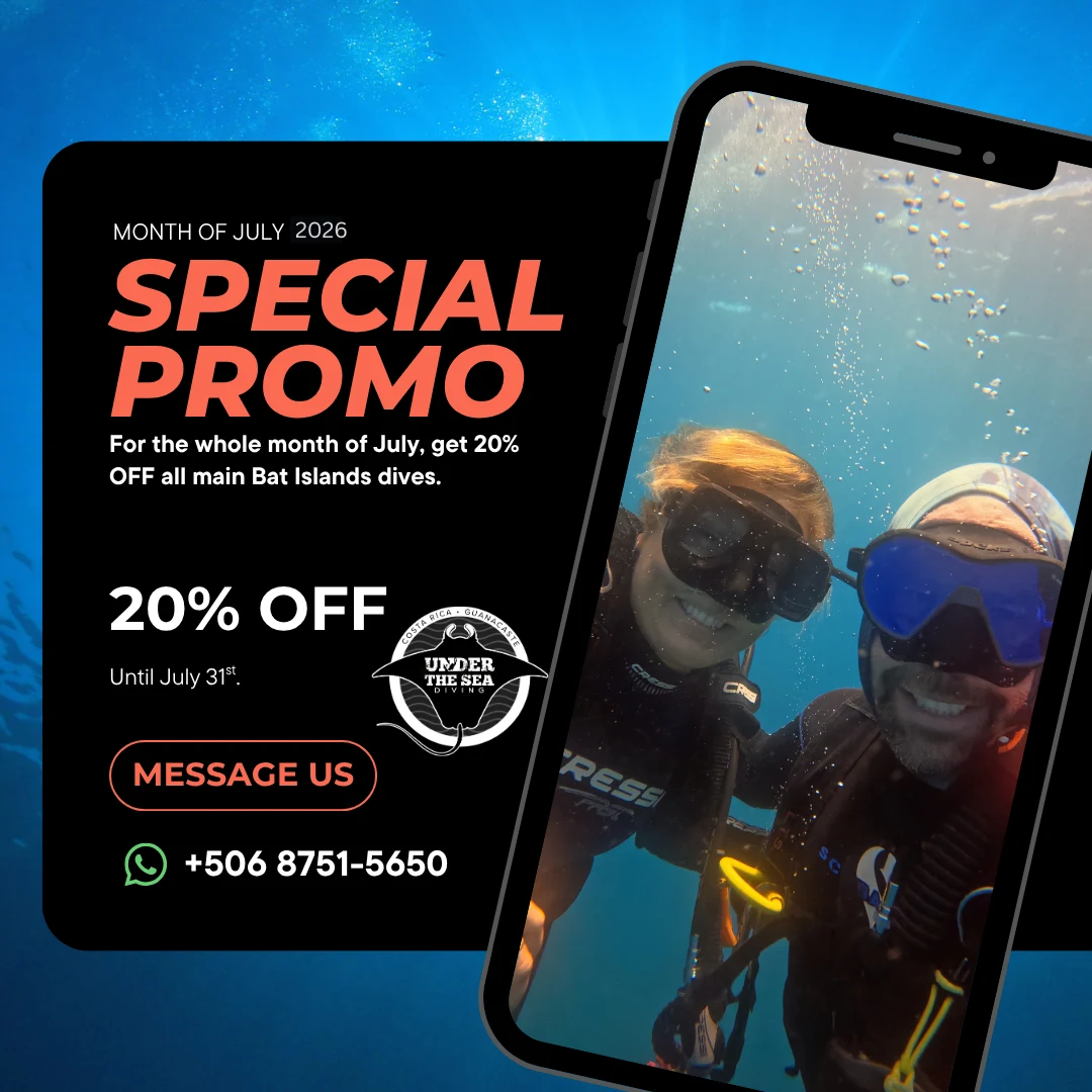 July 2026 promo flyer offering 20% off all main Bat Islands dives with Under The Sea Diving in Costa Rica, valid until July 31